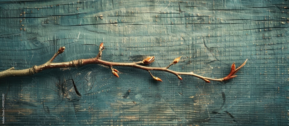 Poster a willow tree branch stretching above a textured wooden surface with copy space image available