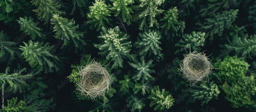 Fototapete top view of forests with osprey nests captured in a compelling copy space image