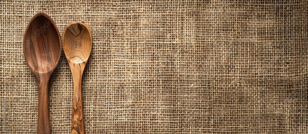 Poster view from above of a wooden spoon and fork on a burlap surface with copy space image