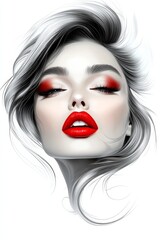 Fototapeta premium Red Lips, Closed Eyes: A beautiful woman with long, flowing silver hair stares into the camera with her eyes closed, showcasing a bold red lip and a captivating, sensual expression. 