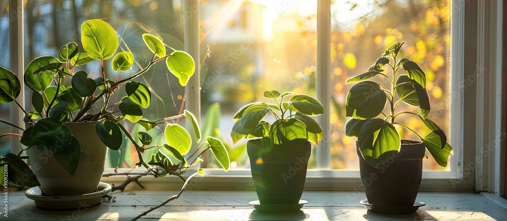 Leinwandbilder young plants by the window on a windowsill with a background of a copy space image