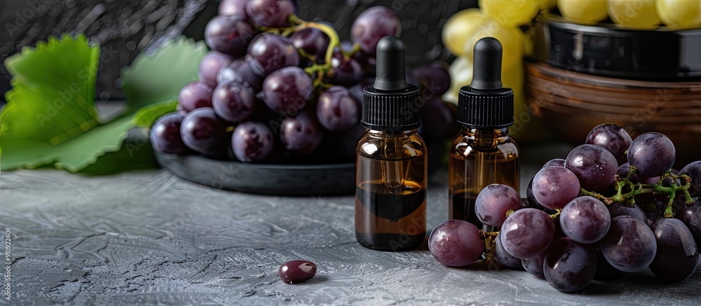 Poster Organic cosmetic displayed on a grey table alongside bottles of natural grape seed oil with room for adding text in the copy space image