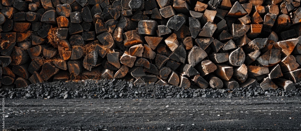 Poster Background of long timber stack in a woodpile for a charcoal factory with copy space image