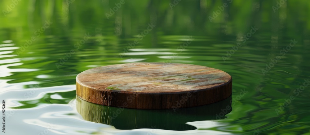 Poster top down view of a product presentation on a wooden podium floating in water against a green backdro