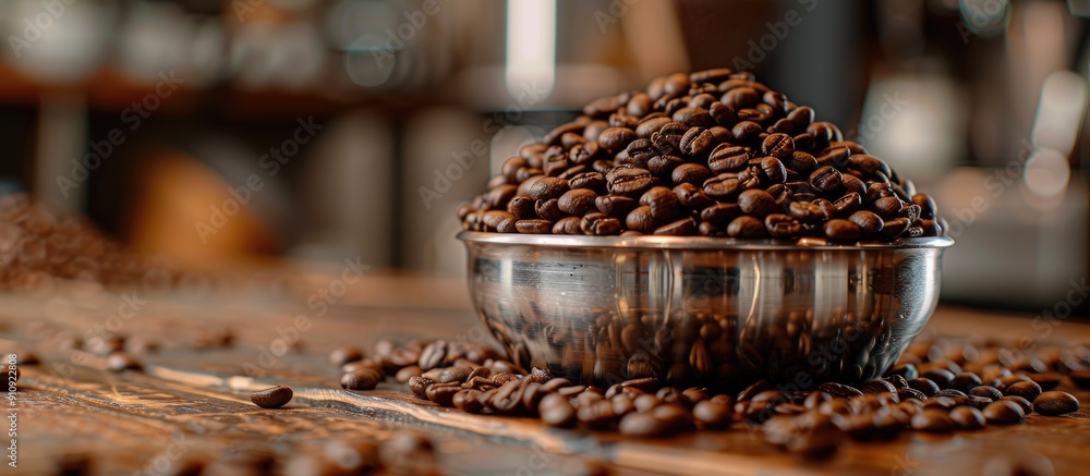 Aufkleber a top view of a filter holder filled with coffee beans on a wooden kitchen table with more beans in 