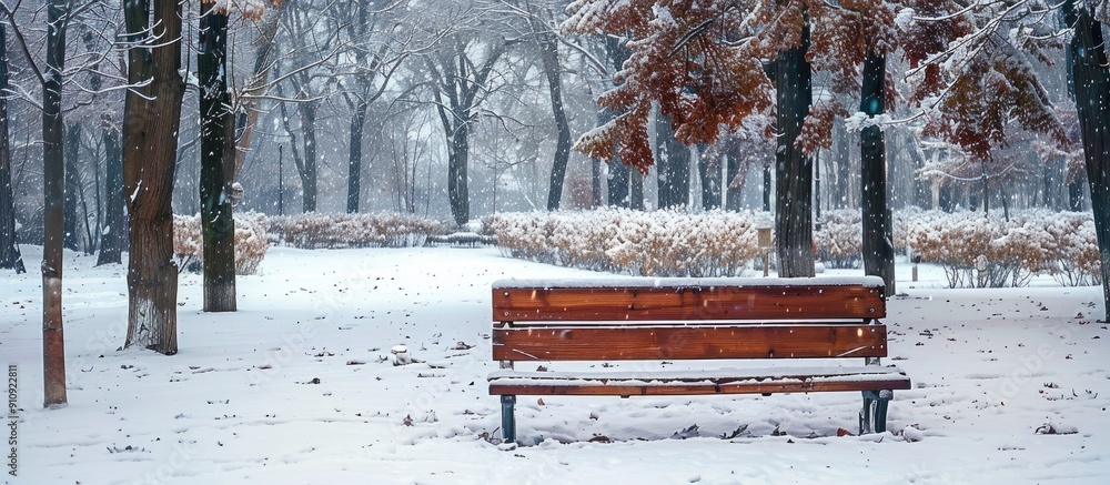 Leinwandbilder a snow covered winter park bench with ample copy space image for background use