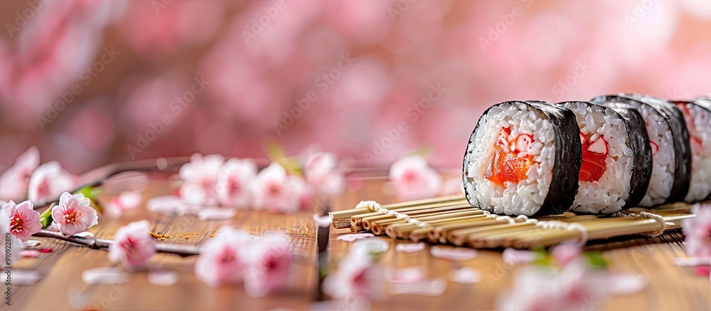 Poster Sushi maki set presented with a fresh sakura branch on a bamboo table with ample copy space image