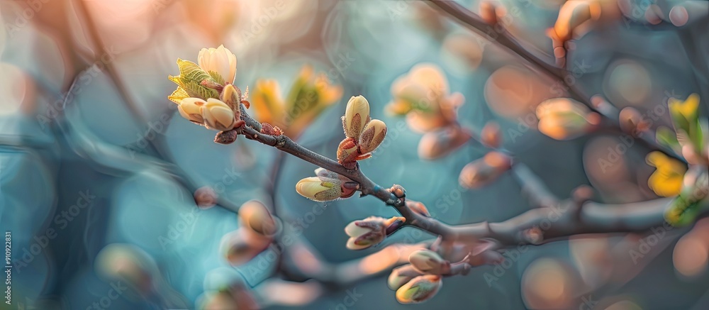 Poster Selective focus on tree buds opening in early spring with a background suitable for copy space image
