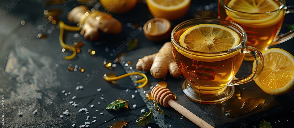 Poster image of a japanese and chinese tea set with lemon ginger and honey on a dark table a cozy glass of 