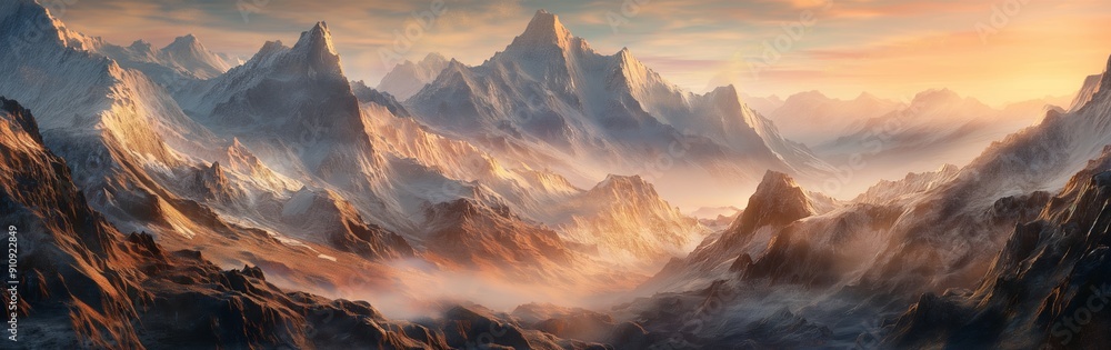 Aufkleber a panoramic view of a misty mountain range bathed in soft morning light, creating an atmospheric and