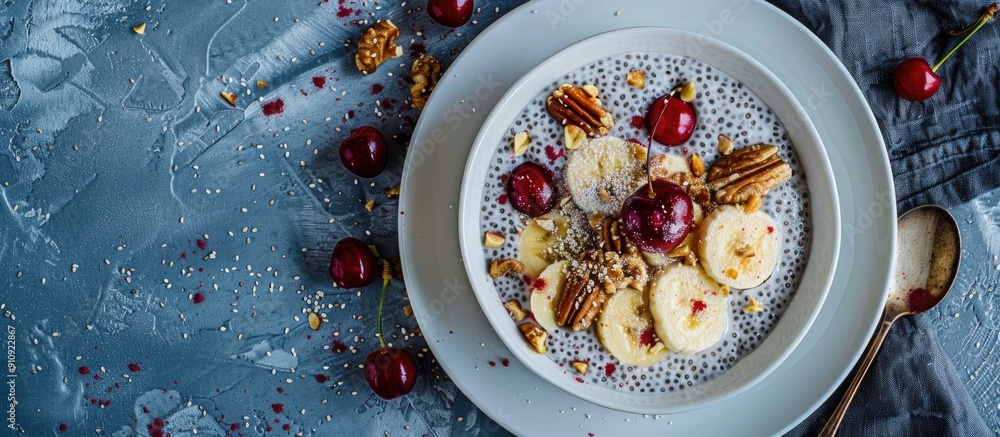 Poster a white plate presenting a chia pudding topped with banana cherry and nuts offering a delicious and 