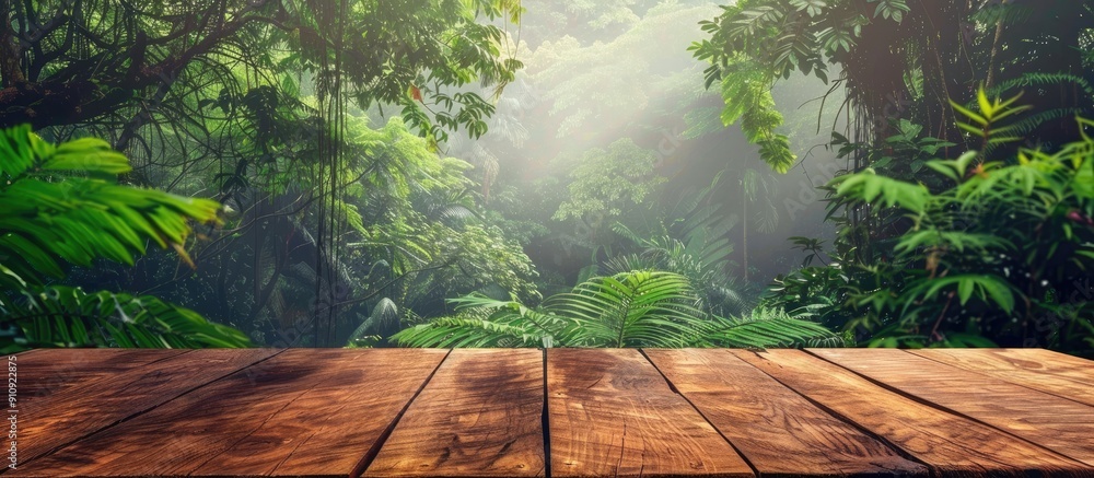 Poster a wooden table with space for product placement against a lush green forest background providing a c