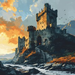 Fototapeta premium Minimalistic Vector Illustration of a Medieval Castle Under Siege
