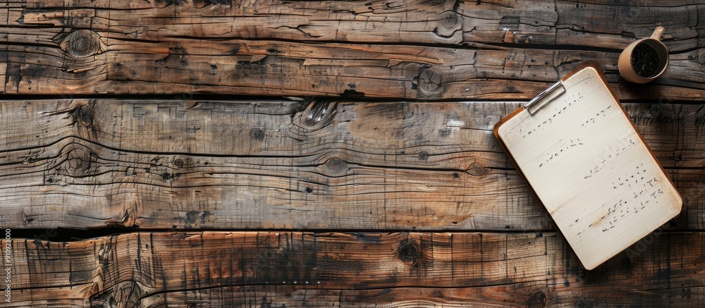 Poster wooden surface featuring a blank notepad with ample copy space image