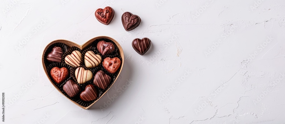 Poster heart shaped gift box filled with chocolates on a white backdrop ideal for birthdays valentine s day