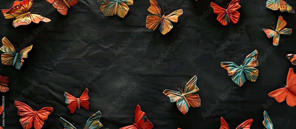 Aufkleber Fabric butterflies intricately decorate a black backdrop in a top down view creating a visually appealing image with blank space for text. Creative banner. Copyspace image