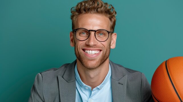 A Young Cheerful Businessman Holding A Basketball, Combining Work And Play, Wallpaper Pictures, Background Hd
