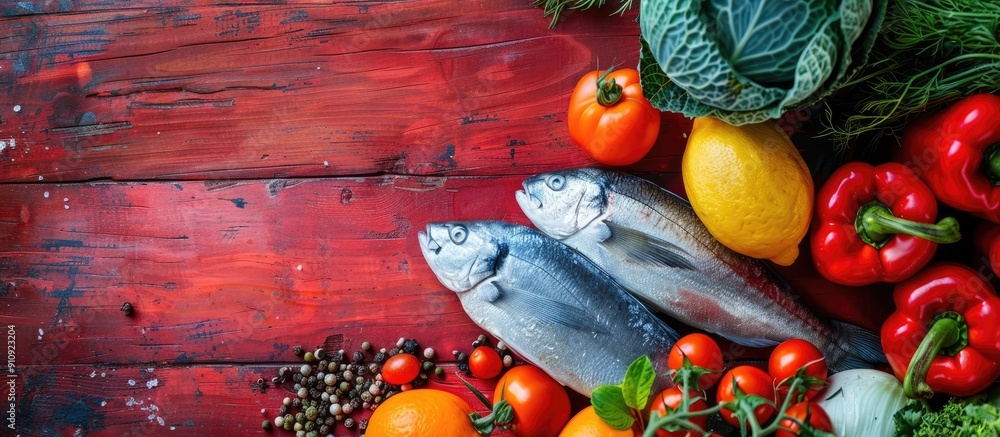 Poster farmers market produce and fish fillet displayed on a red table providing a beautiful copy space ima