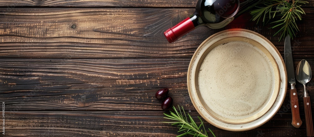 Fototapete A top down view of a table arrangement showing an empty plate wine glass and a red wine bottle on a rustic wooden table background with copy space image