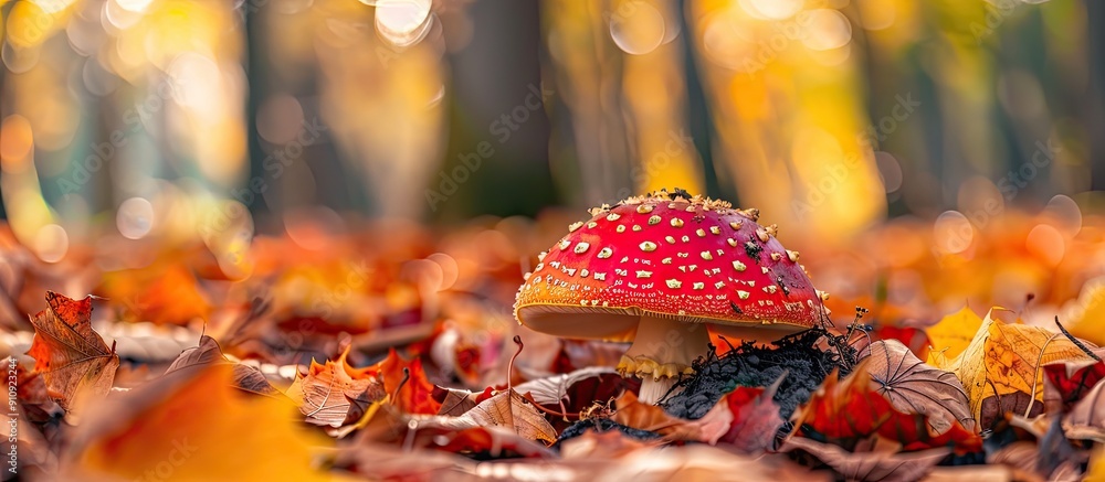 Poster Fall leaves encircle a mushroom on the ground creating a picturesque scene with copy space image