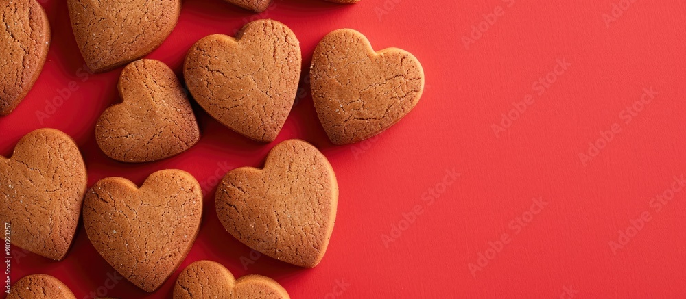 Aufkleber Top view of heart shaped gingersnap cookies on a red backdrop with space for text or images. Creative banner. Copyspace image
