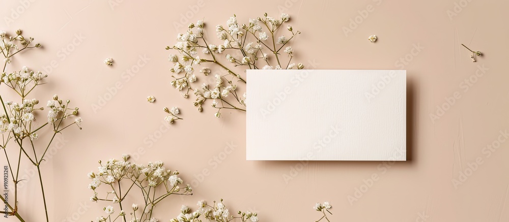Poster minimalistic business card template featuring mockup copy space image with gypsophila flowers on a b