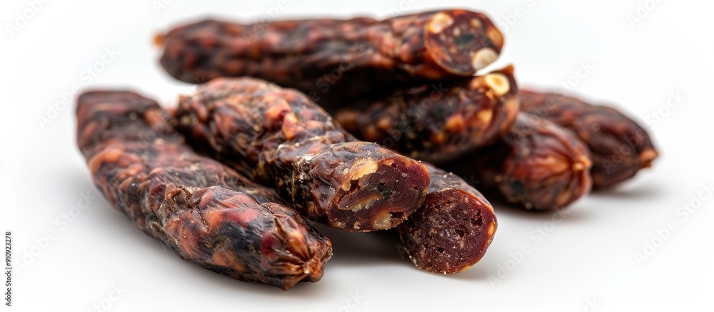 Poster a macro photo of isolated dried meat sausages on a white background with copy space image available