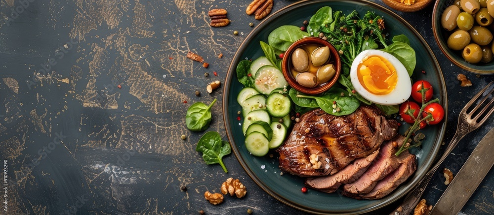 Poster top view of a keto brunch with a boiled egg pork steak olives cucumber spinach brie cheese nuts and 