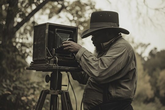 ai generative black and white image of man with collodion camera