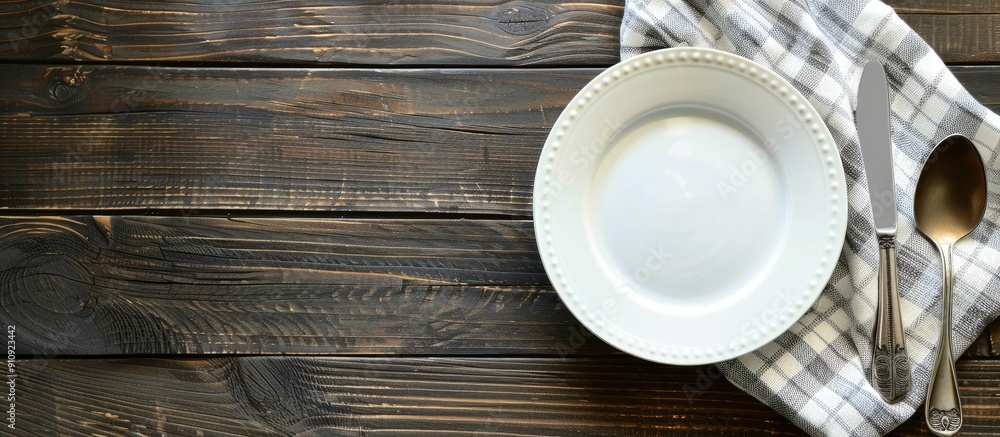 Aufkleber Over a wooden table view from above a copy space image with an empty plate silverware and towel displayed
