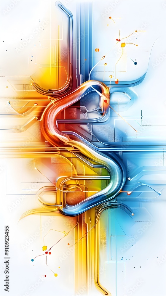 Poster abstract art with 3d shapes and colorful lines.