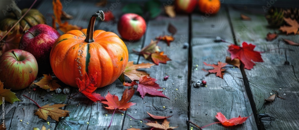 Poster a festive autumn setting with a ripe pumpkin apples and leaves on a wooden table perfect for thanksg