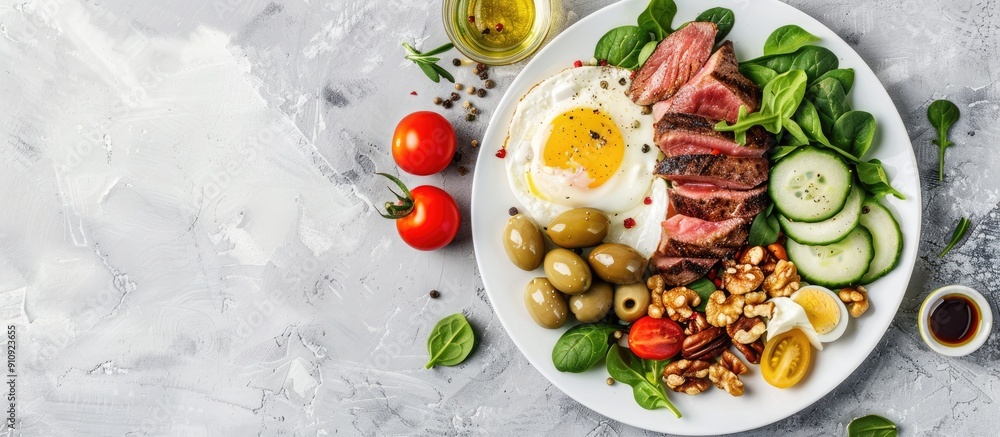 Poster top view of a keto brunch with a boiled egg pork steak olives cucumber spinach brie cheese nuts and 