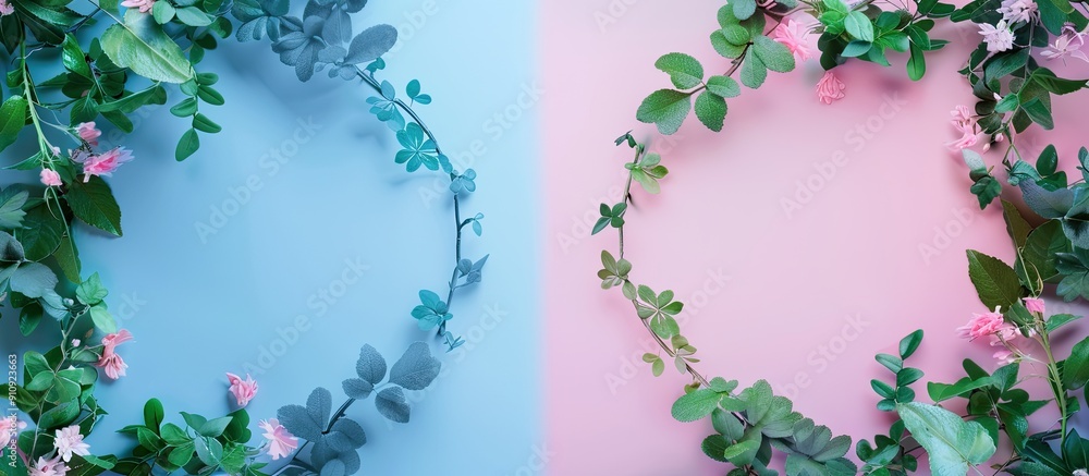 Poster square design template for an invitation or greeting card with a wreath of leaves and flowers from a
