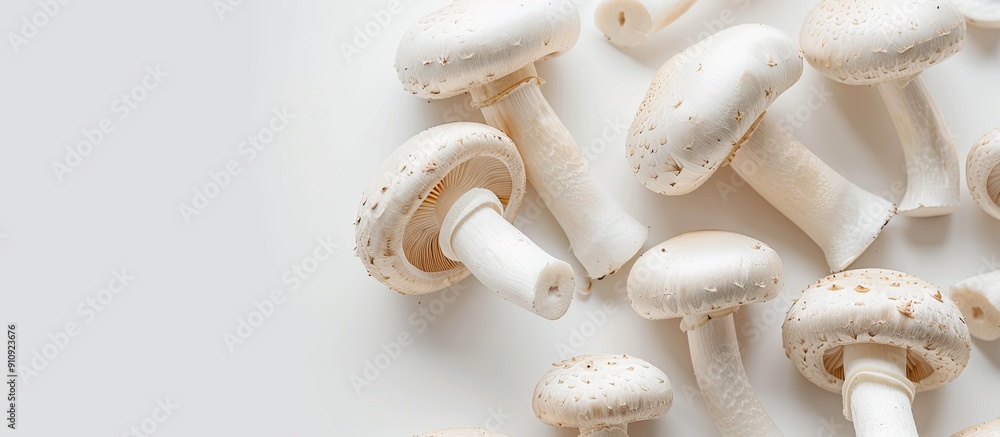 Poster white mushrooms on a white background creating a clean aesthetic with copy space image
