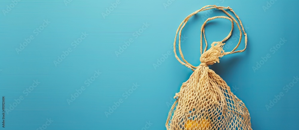 Poster Zero waste or plastic free concept illustrated with a mesh bag against a blue backdrop The view is horizontal from the top allowing for copy space image
