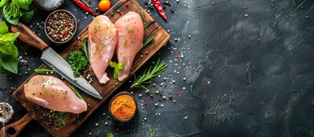 Poster top down view of raw chicken breast fillets on a wooden cutting board with herbs spices knife and am
