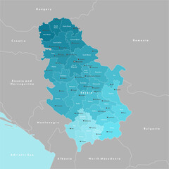 Vector illustration. Simplified administrative map of Serbia including Kosovo. Border with nearest states Romania, Bulgaria, Hungary and etc. Blue background of Adriatic sea. Names of cities, regions