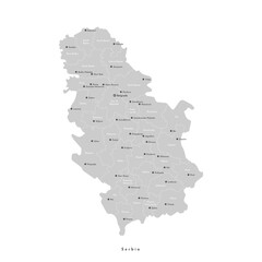 Vector isolated illustration. Simplified administrative map of Serbia including Kosovo in grey color. White background. Names of biggest cities and regions, districts