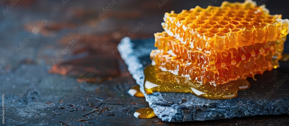 Poster Honey drizzled over honeycomb on a slate board with room for a copy space image