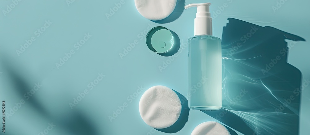 Poster mockup of a cleansing lotion bottle or soap dispenser placed next to cotton pads on a blue surface d