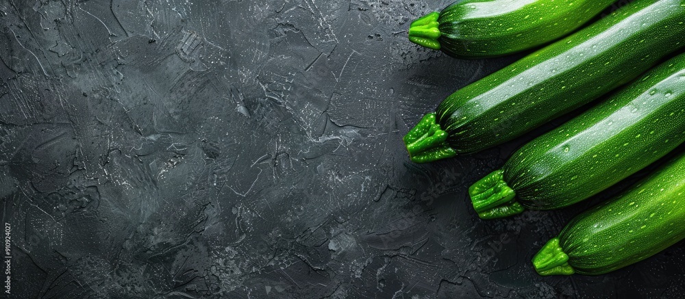 Poster vibrant green zucchinis on a stone background with space for text or images. creative banner. copysp