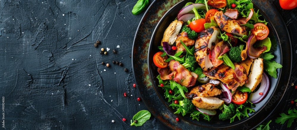 Poster Top down view of a rustic vegetable salad with chicken and bacon featuring a free area for text suitable as a copy space image