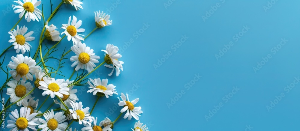 Poster spring themed design template featuring delicate white camomile flowers on a vibrant blue background