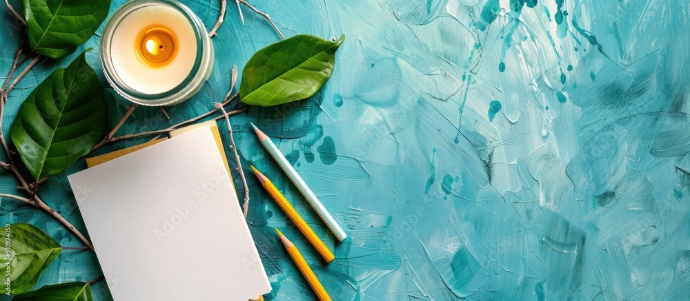 Aufkleber Top down view on a turquoise textured background with blank notepaper wax pencils and a candle offering ample space for text