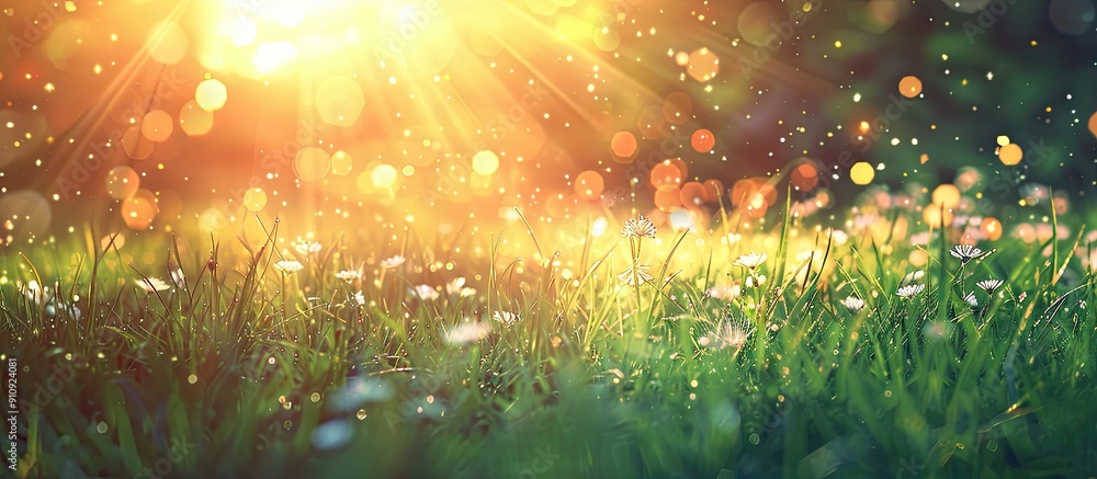 Poster nature background concept of a summer meadow with green grass bathed in warm sunlight featuring a so