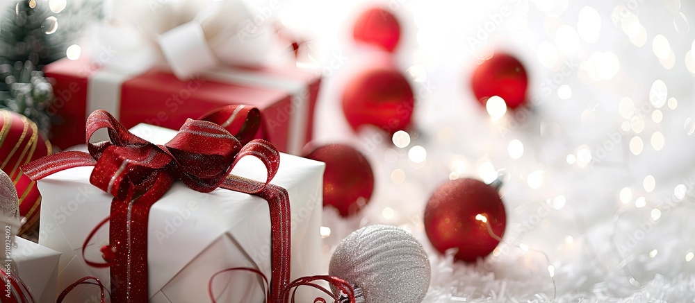 Aufkleber Festive Christmas decorations and gift boxes displayed on a white background with a focus on the details Includes copy space for customization in the image
