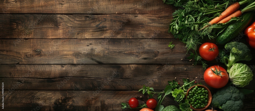 Poster fresh vegetables on a wooden table with copy space image