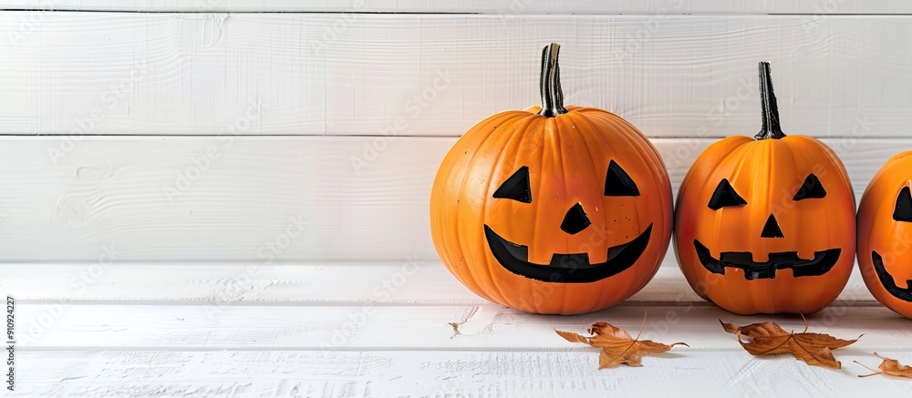 Poster A Halloween themed image with pumpkins on a white wooden surface symbolizing autumn with space for text. Creative banner. Copyspace image