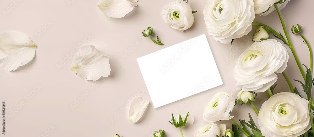 Poster feminine flat lay floral background featuring white lysianthus and ranunculus flowers with a blank n